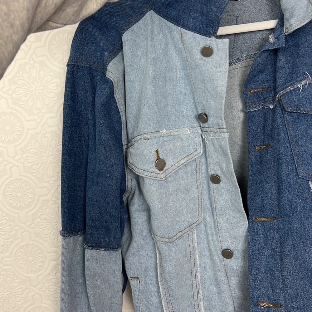 Princess Polly Rylee Denim Jean Jacket Oversized Patchwork‎ Shacket Blue 8 - Picture 7 of 9